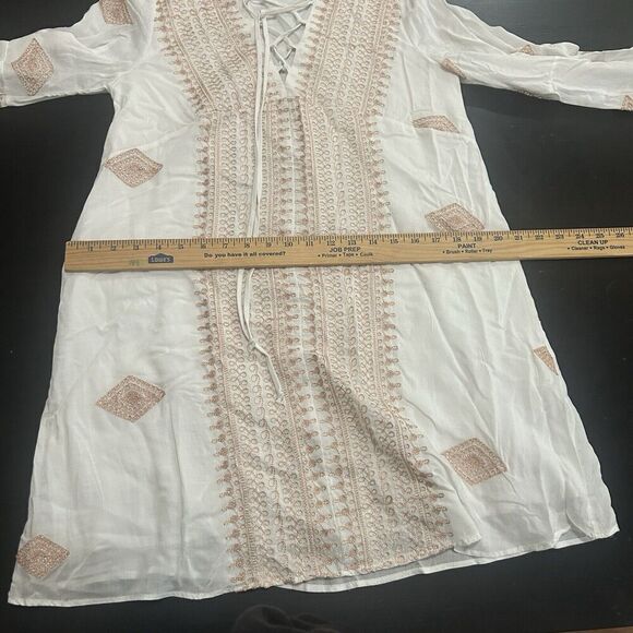Lulus Celebration of Self Ivory Embroidered Lace-Up Shift Dress Boho Size Medium - Picture 8 of 13